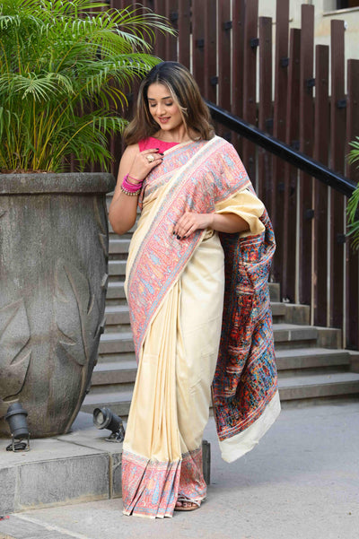 Indyancart GR Women's Aardhya Cream Jamewar Kashmiri Soft Modal Silk Saree