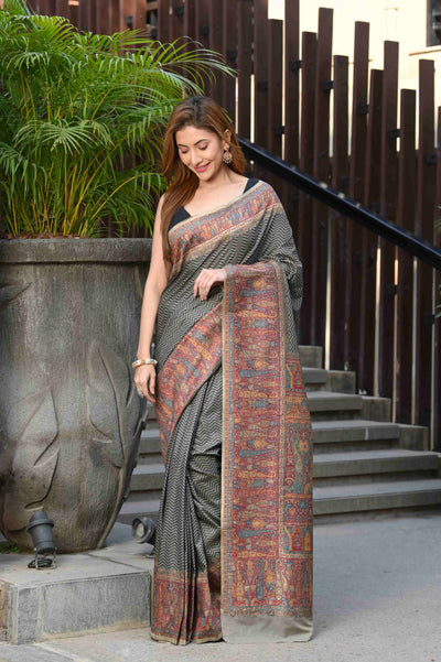 Indyancart GR Women's Aardhya Grey Jamewar Kashmiri Soft Modal Silk Saree