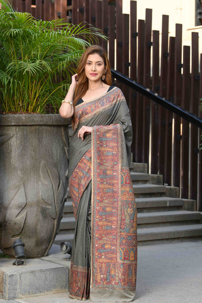 Indyancart GR Women's Aardhya Grey Jamewar Kashmiri Soft Modal Silk Saree