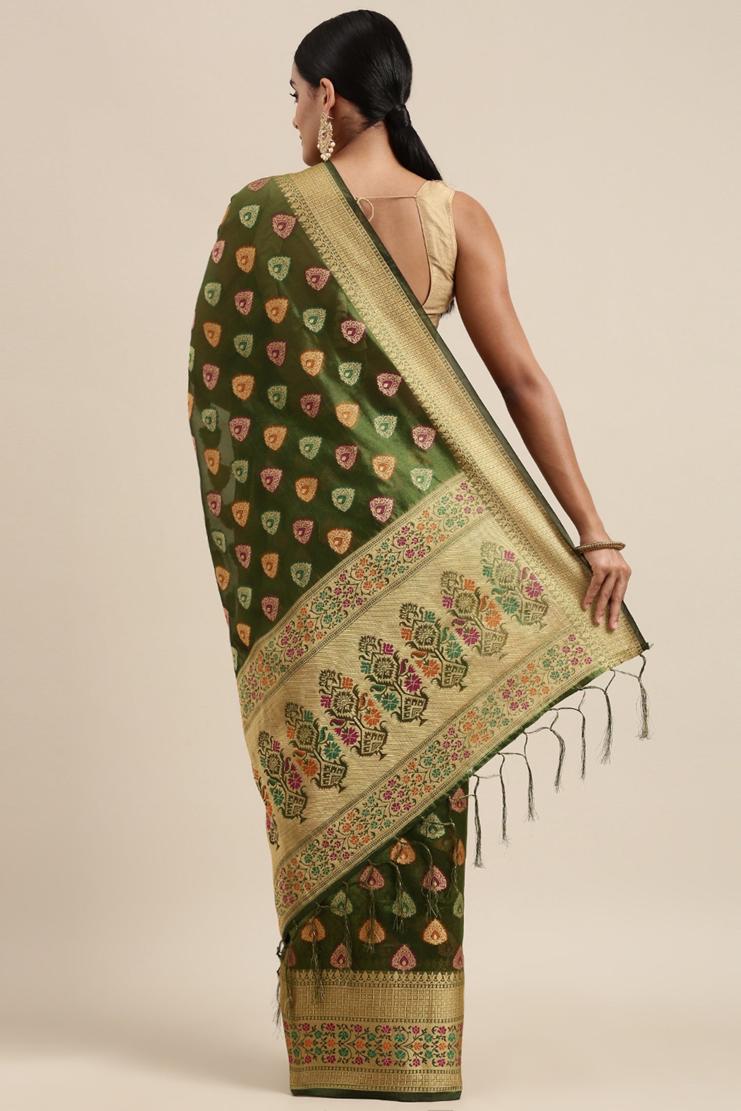 Dhiyona GR Women's Aarvi Pickle Green Zari Woven Design Banarasi Organza Saree