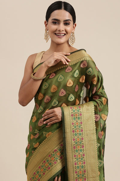 Indyancart GR Women's Aarvi Pickle Green Zari Woven Design Banarasi Organza Saree