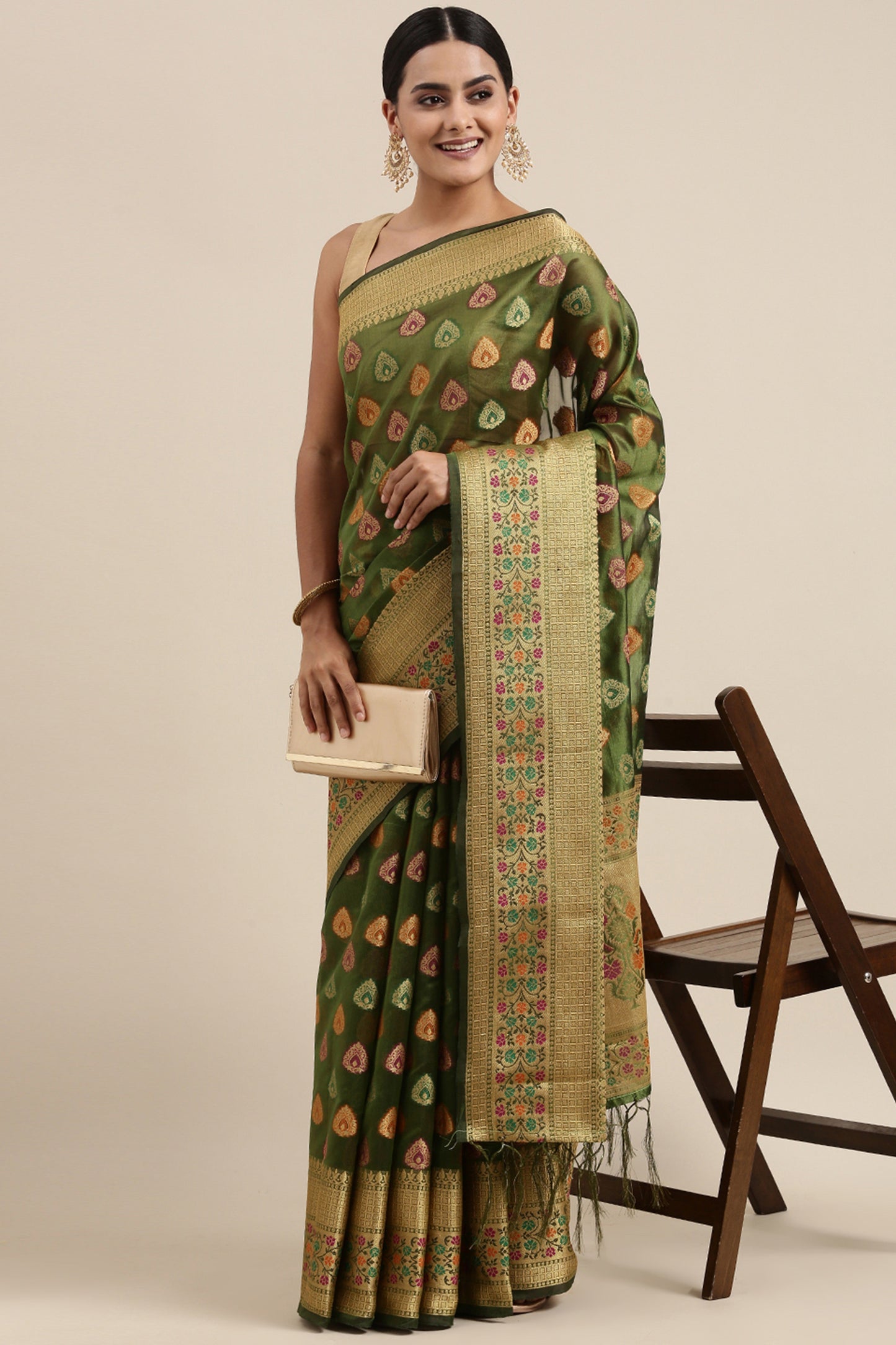 Dhiyona GR Women's Aarvi Pickle Green Zari Woven Design Banarasi Organza Saree