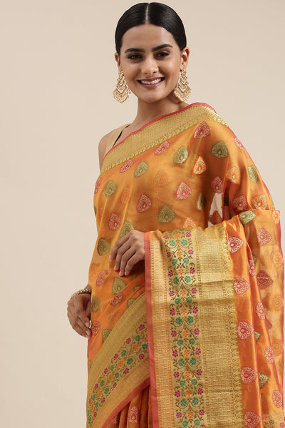 Indyancart GR Women's Aarvi Amber Yellow Zari Woven Organza Silk Saree