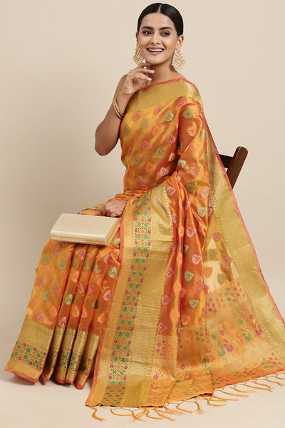 Indyancart GR Women's Aarvi Amber Yellow Zari Woven Organza Silk Saree