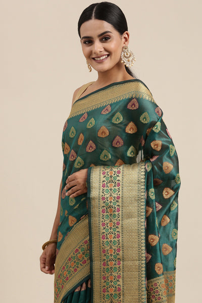 Indyancart GR Women's Aarvi Bondi Blue Zari Woven Design Banarasi Organza Saree