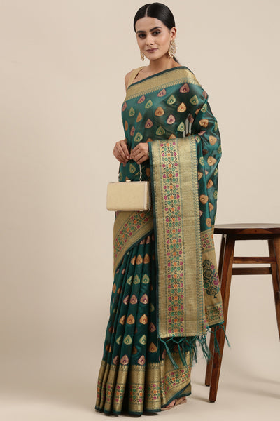 Indyancart GR Women's Aarvi Bondi Blue Zari Woven Design Banarasi Organza Saree