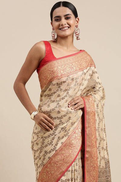 Indyancart GR Women's Aarya Latte Beige Zari Woven Design Banarasi Pure Cotton Saree