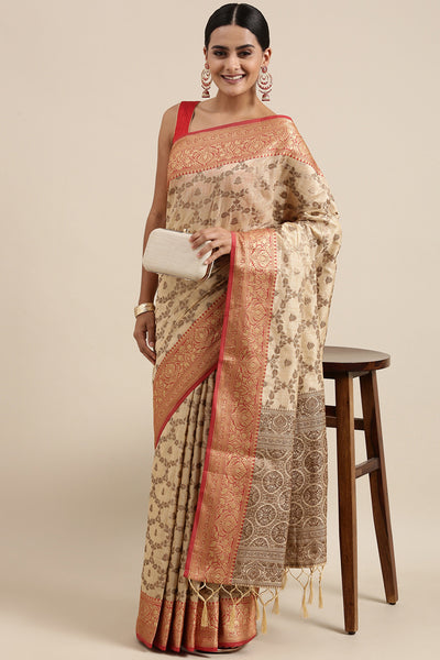 Indyancart GR Women's Aarya Latte Beige Zari Woven Design Banarasi Pure Cotton Saree