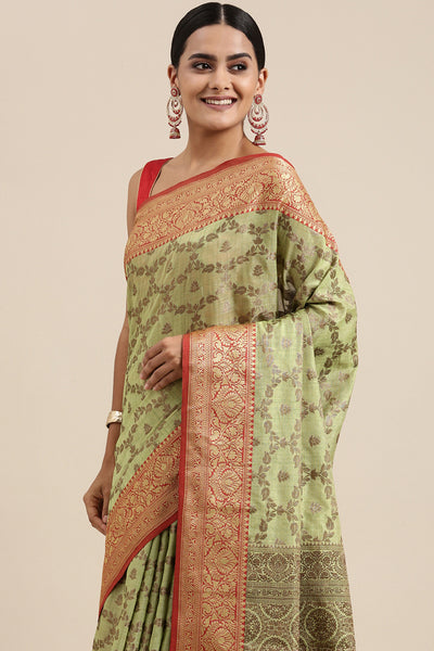 Indyancart GR Women's Aarya Pear Green Zari Woven Design Banarasi Pure Cotton Saree