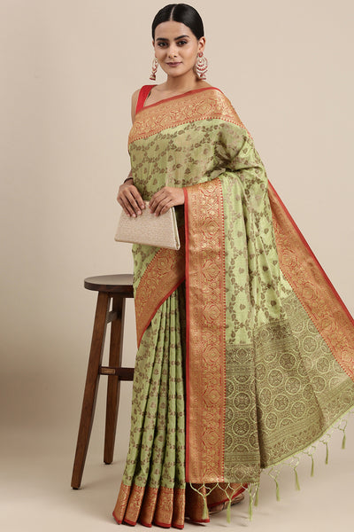 Indyancart GR Women's Aarya Pear Green Zari Woven Design Banarasi Pure Cotton Saree