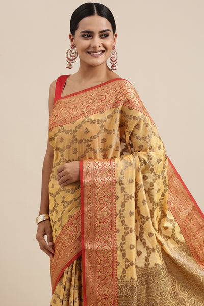 Indyancart GR Women's Aarya Canary Yellow Zari Woven Design Banarasi Pure Cotton Saree