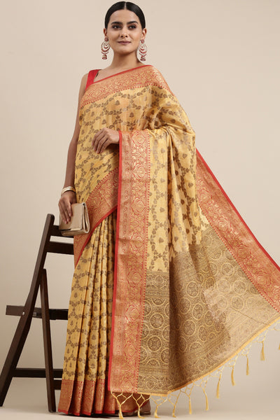 Indyancart GR Women's Aarya Canary Yellow Zari Woven Design Banarasi Pure Cotton Saree