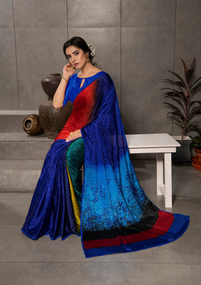 Indyancart GR Women's Aastha Rainbow Multicolour Silk Blend Digital Print Saree