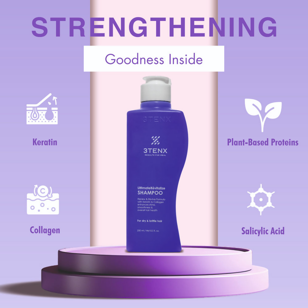 3TENX UltimateRevitalize shampoo bottle for dry and brittle hair, featuring a sleek design and clear labeling.