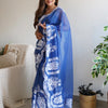 Women's Organza Blue Embroidered Designer Saree With Blouse Piece