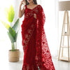 Women's Net Red Embellished Designer Saree With Blouse Piece
