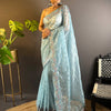 Women's Tissue Light Blue Embellished Designer Saree With Blouse Piece