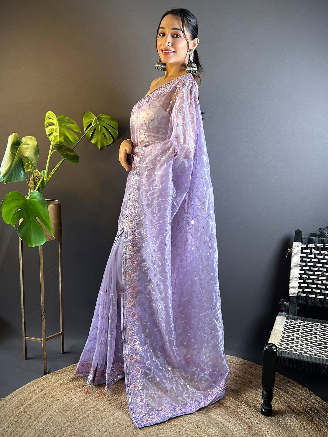 Women's Tissue Lavendar Embellished Designer Saree With Blouse Piece
