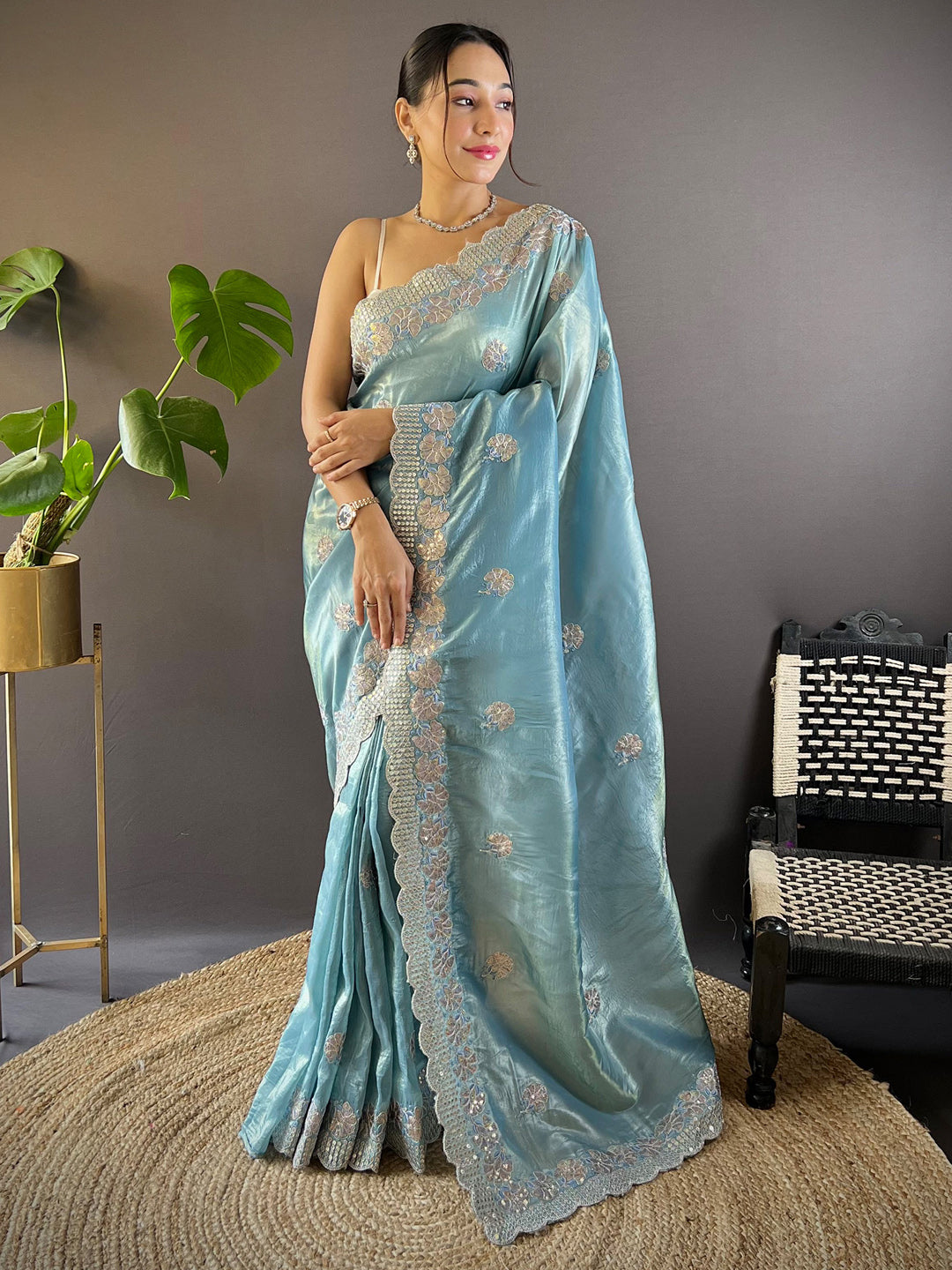 Women's Paper Silk Light Blue Embellished Designer Saree With Blouse Piece