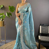 Women's Paper Silk Light Blue Embellished Designer Saree With Blouse Piece