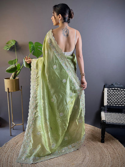 Women's Paper Silk Light Green Embellished Designer Saree With Blouse Piece