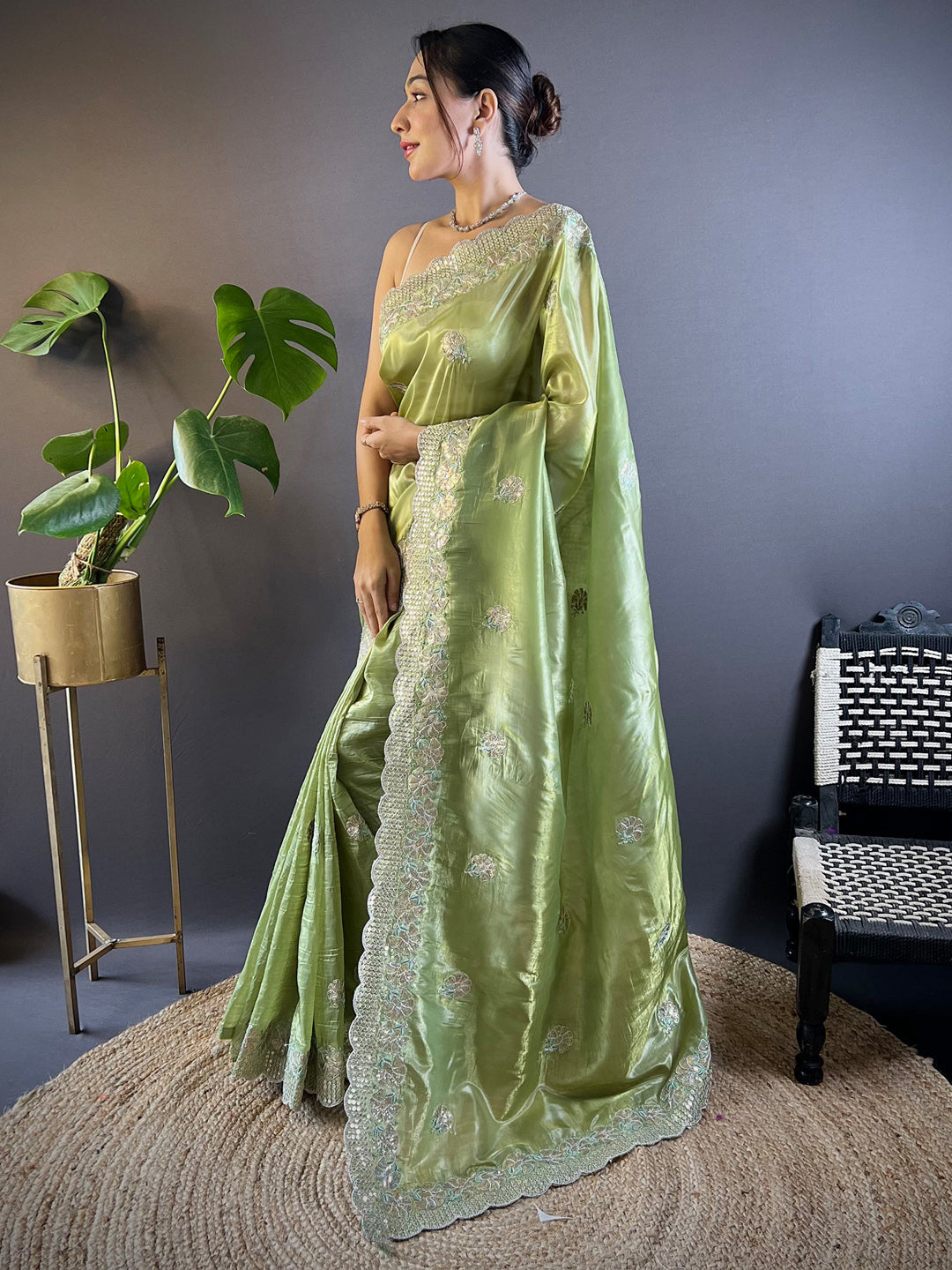 Women's Paper Silk Light Green Embellished Designer Saree With Blouse Piece