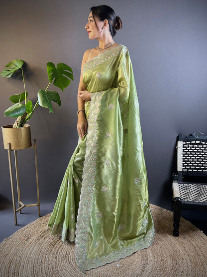 Women's Paper Silk Light Green Embellished Designer Saree With Blouse Piece