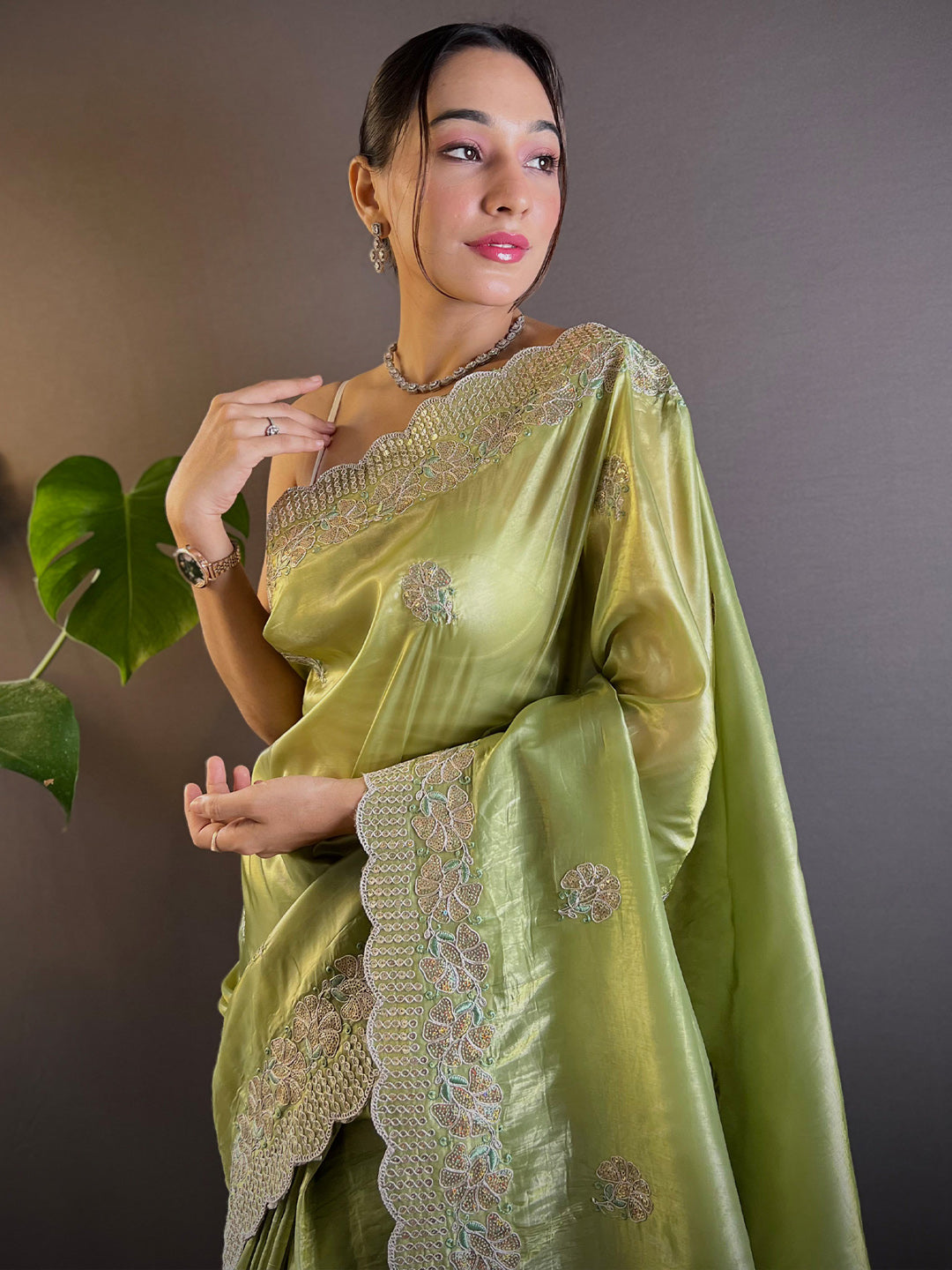 Women's Paper Silk Light Green Embellished Designer Saree With Blouse Piece