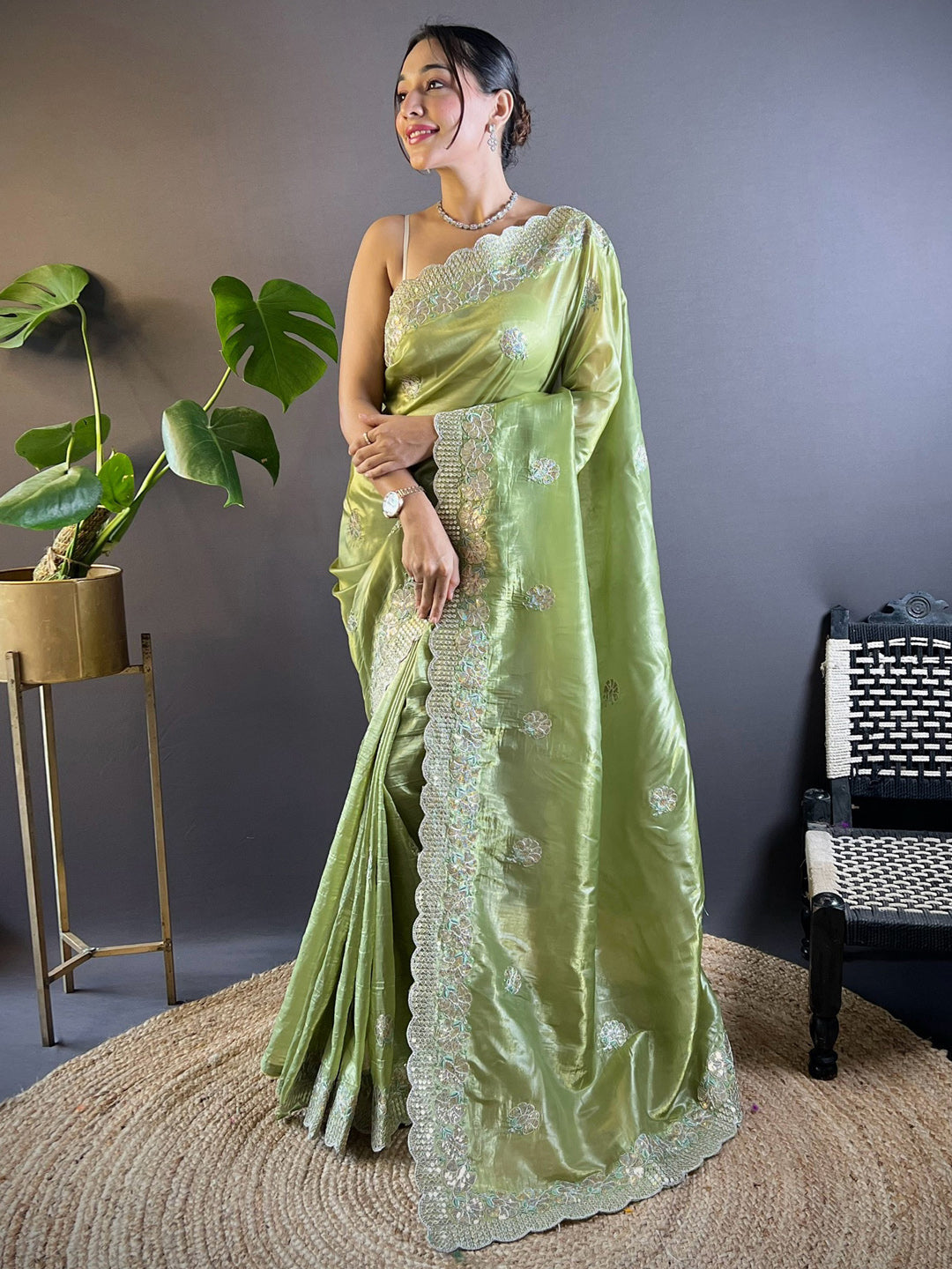 Women's Paper Silk Light Green Embellished Designer Saree With Blouse Piece