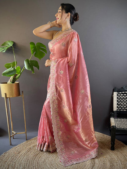 Women's Paper Silk Peach Embellished Designer Saree With Blouse Piece