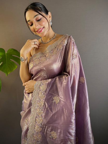 Women's Paper Silk Lavendar Embellished Designer Saree With Blouse Piece