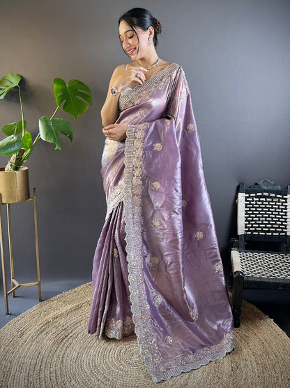Women's Paper Silk Lavendar Embellished Designer Saree With Blouse Piece