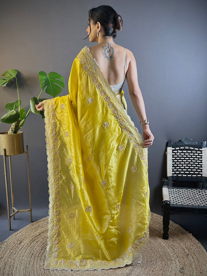 Women's Paper Silk Yellow Embellished Designer Saree With Blouse Piece