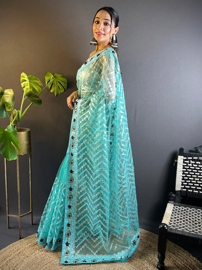 Women's Net Light Blue Embellished Designer Saree With Blouse Piece