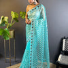 Women's Net Light Blue Embellished Designer Saree With Blouse Piece