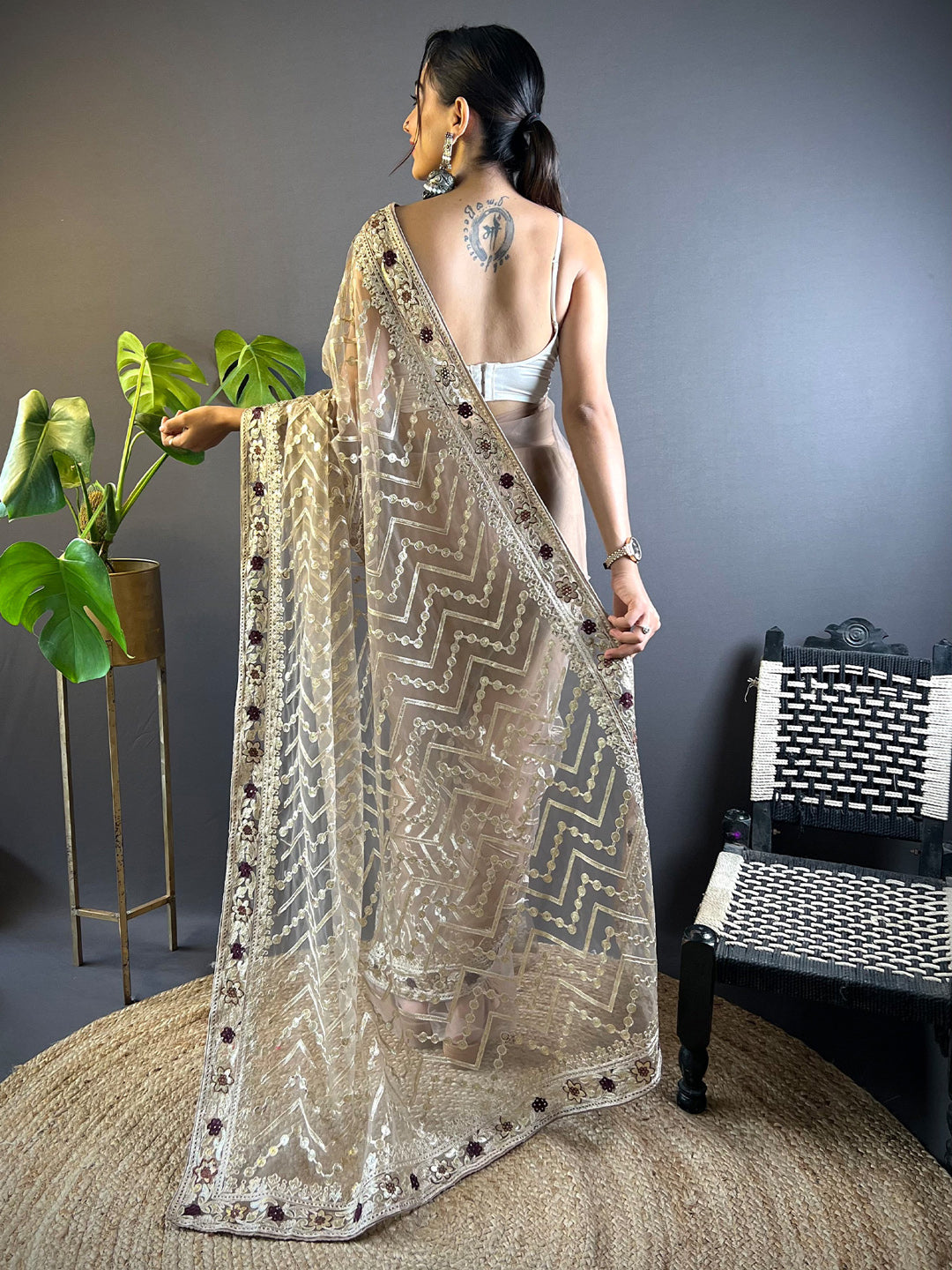Women's Net Beige Embellished Designer Saree With Blouse Piece