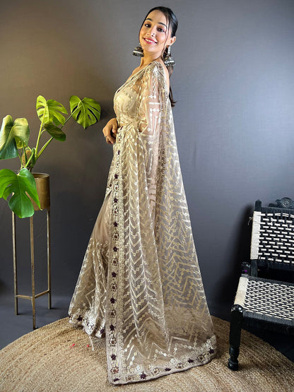 Women's Net Beige Embellished Designer Saree With Blouse Piece