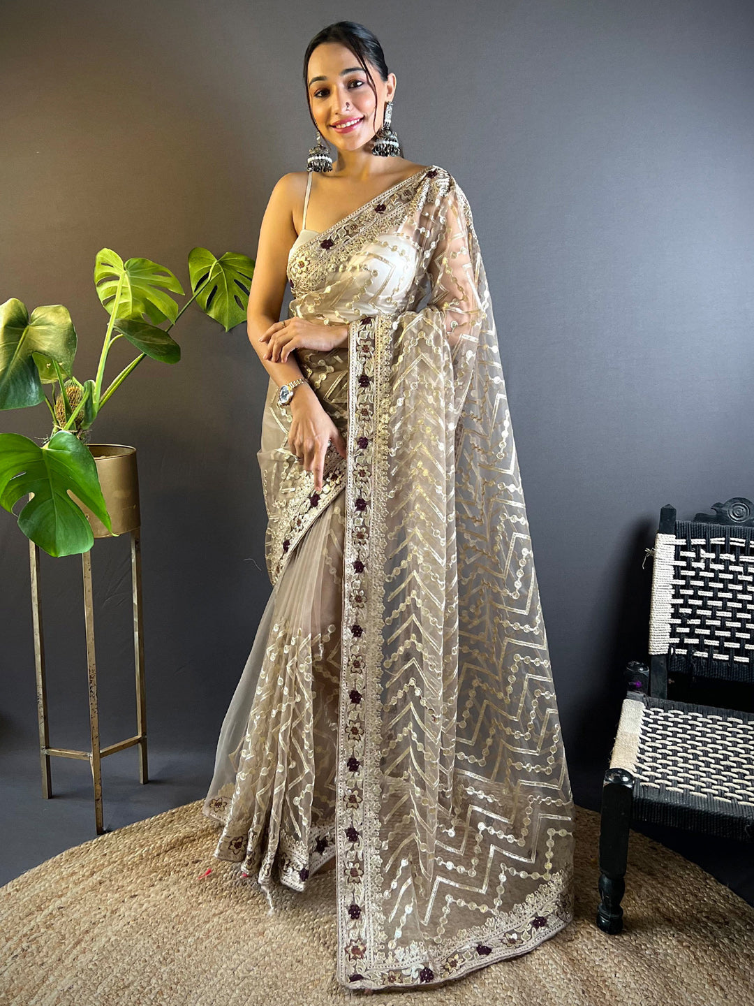 Women's Net Beige Embellished Designer Saree With Blouse Piece