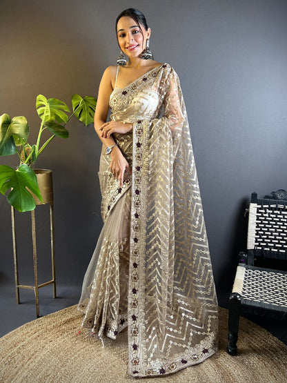 Women's Net Beige Embellished Designer Saree With Blouse Piece