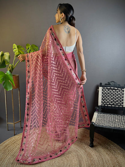 Women's Net Pink Embellished Designer Saree With Blouse Piece