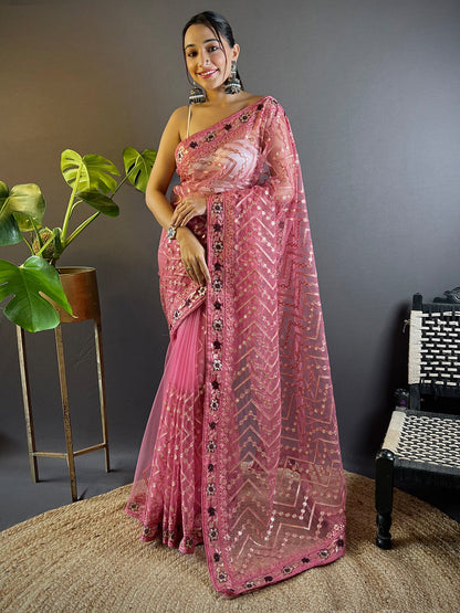 Women's Net Pink Embellished Designer Saree With Blouse Piece