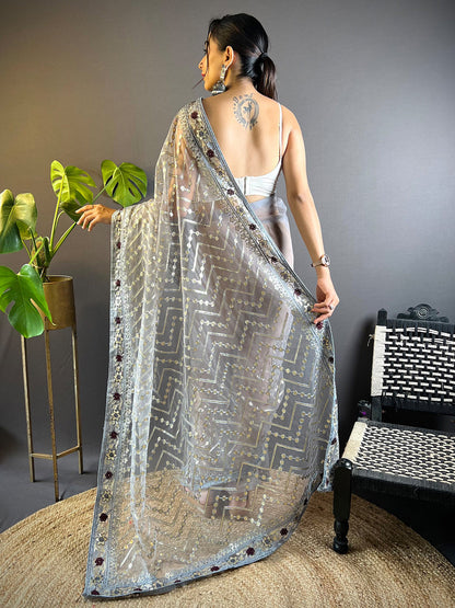 Women's Net Grey Embellished Designer Saree With Blouse Piece