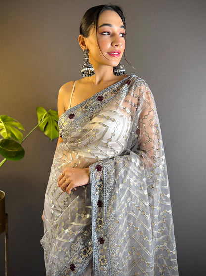 Women's Net Grey Embellished Designer Saree With Blouse Piece
