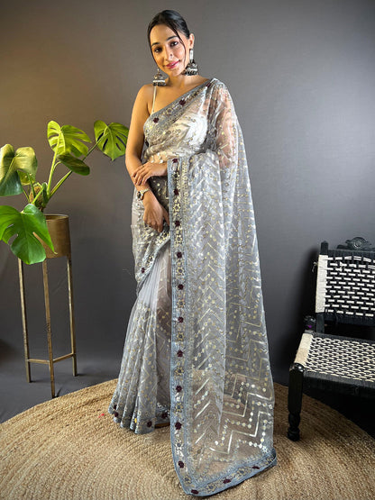 Women's Net Grey Embellished Designer Saree With Blouse Piece