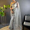 Women's Net Grey Embellished Designer Saree With Blouse Piece