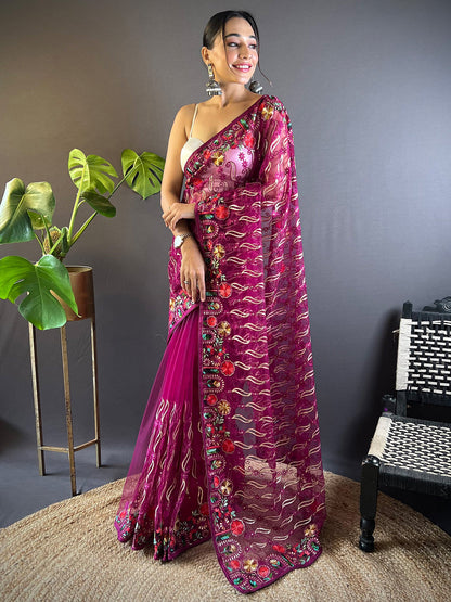 Women's Net Magenta Embellished Designer Saree With Blouse Piece