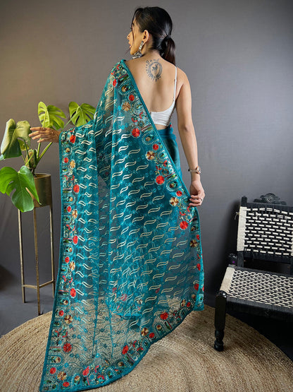 Women's Net Blue Embellished Designer Saree With Blouse Piece