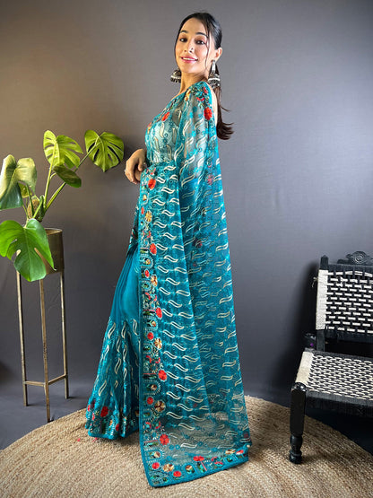 Women's Net Blue Embellished Designer Saree With Blouse Piece