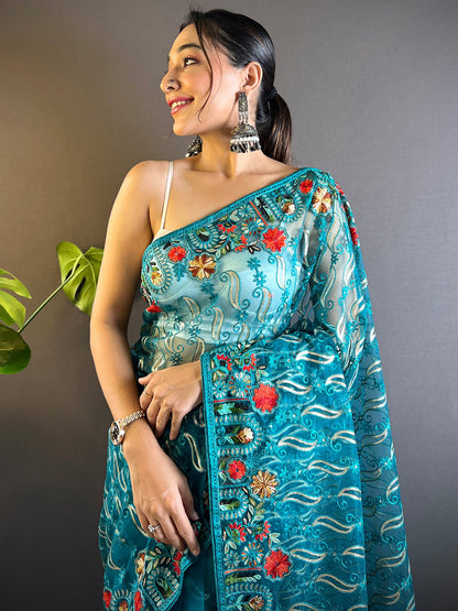 Women's Net Blue Embellished Designer Saree With Blouse Piece