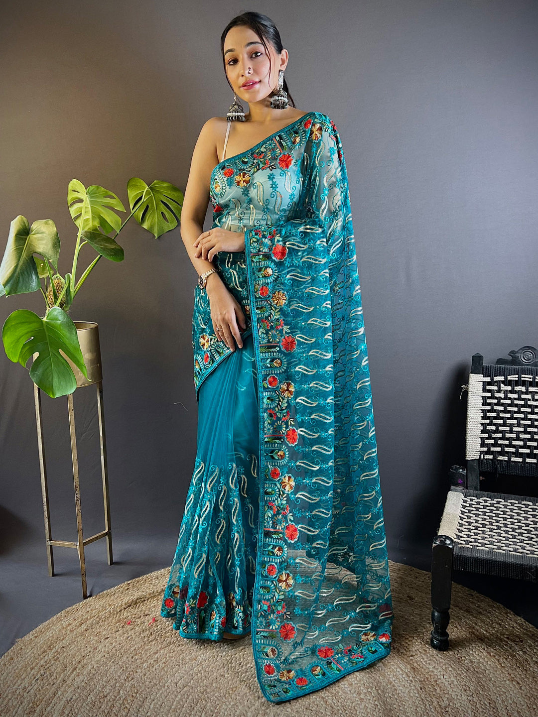 Women's Net Blue Embellished Designer Saree With Blouse Piece